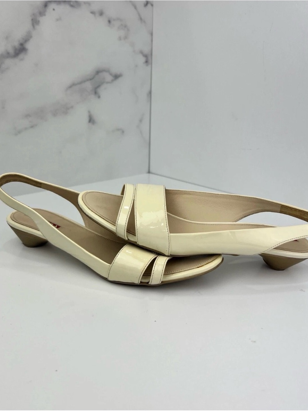Prada Cream Patent Slingback Low Kitten Heel Sandals